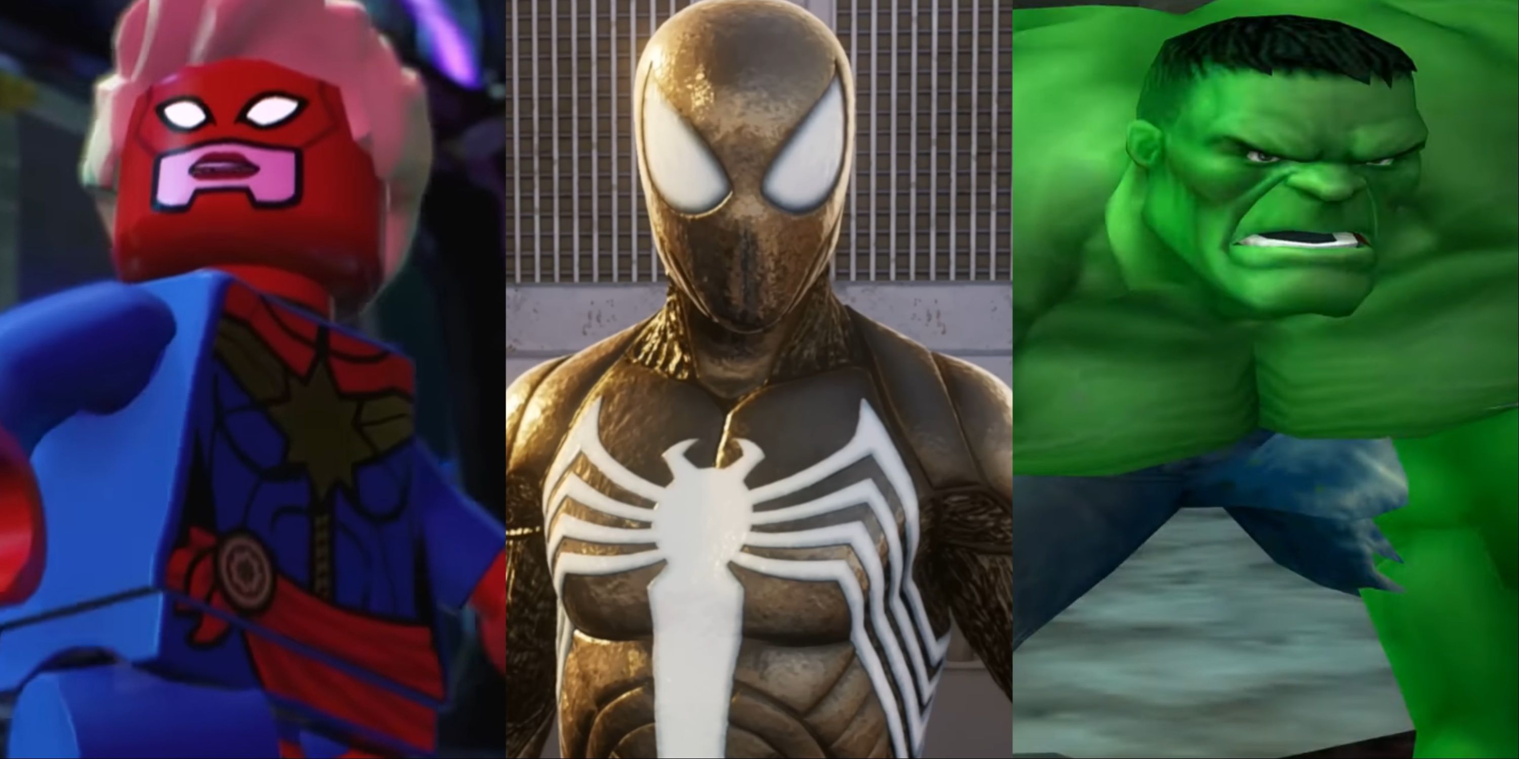 Split image of LEGO Marvel Super Heroes 2, Marvel's Spider-Man 2, and The Incredible Hulk Ultimate Destruction