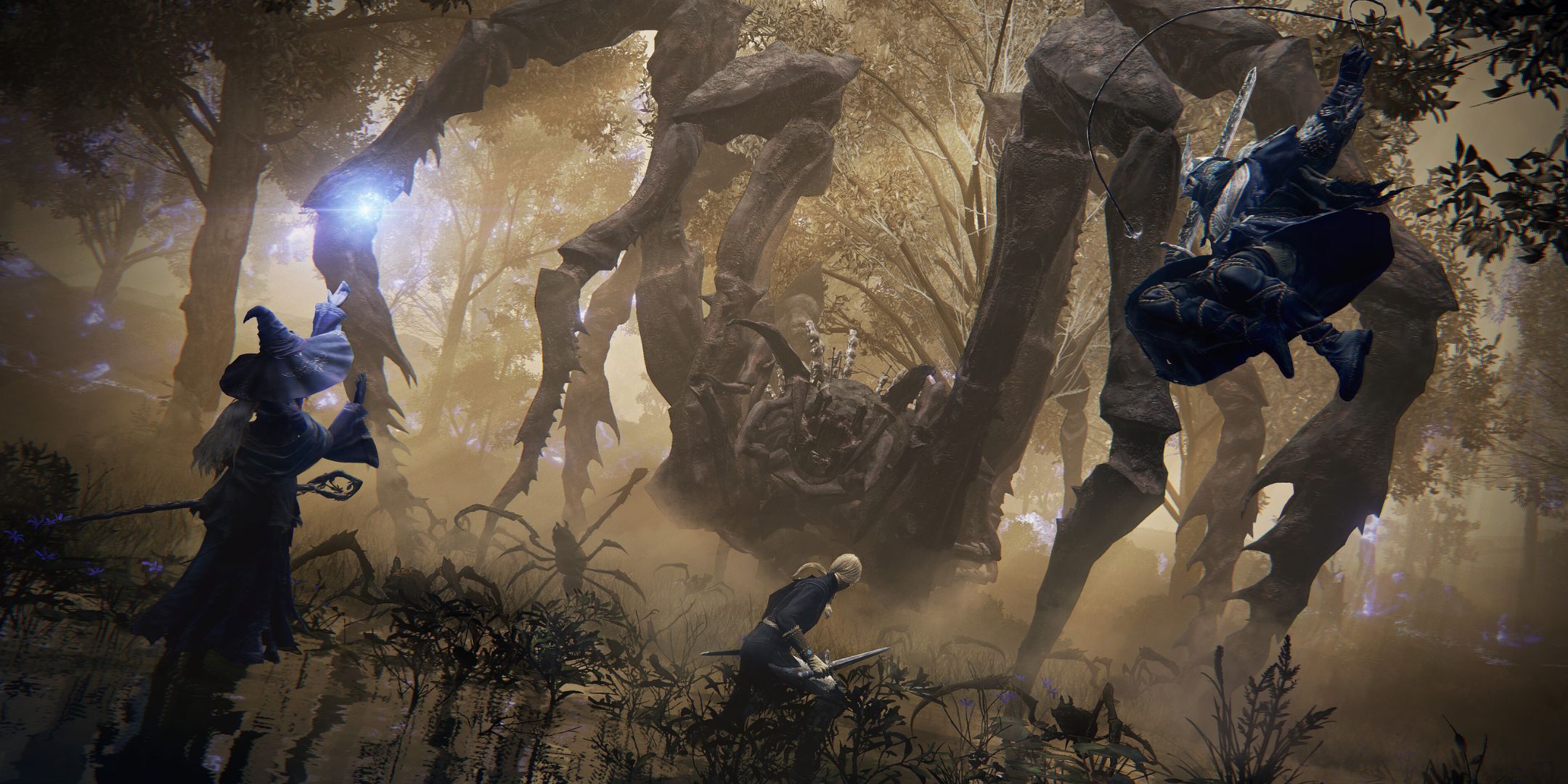 A screenshot from Elden Ring Nightreign, showing three player characters take on a huge spider monster