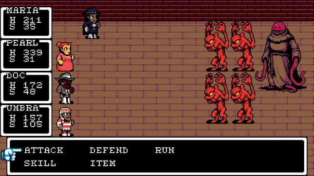 A party fights monsters in a turn-based battle. 