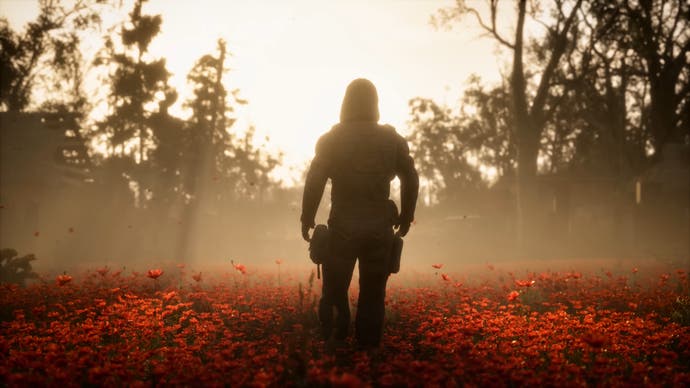 Stalker 2 trailer screenshot showing silhouetted figure in a field of poppies