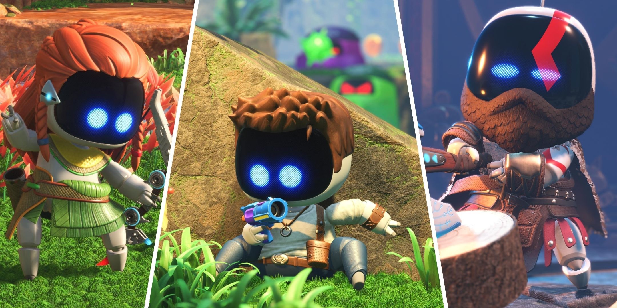 Bot versions of Horizon's Aloy, Uncharted's Nathan Drake, and God of War's Kratos in Astro Bot.