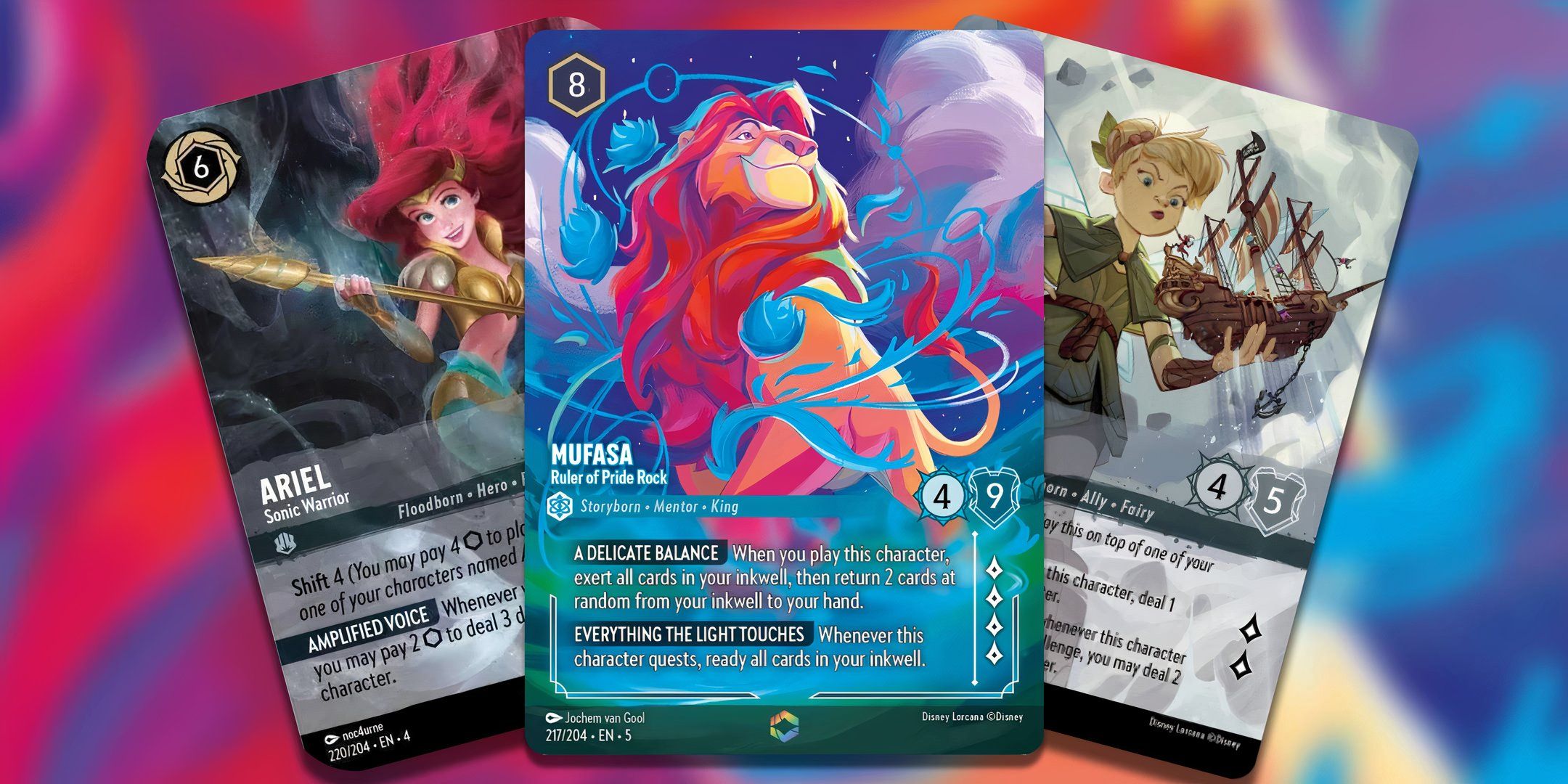 Disney Lorcana cards, from left to right. Ariel, Sonic Warrior, Mufasa, Rule of Pride Rock, and Tinker Belle, Giant Fairy Enchanted artwork on blurred background