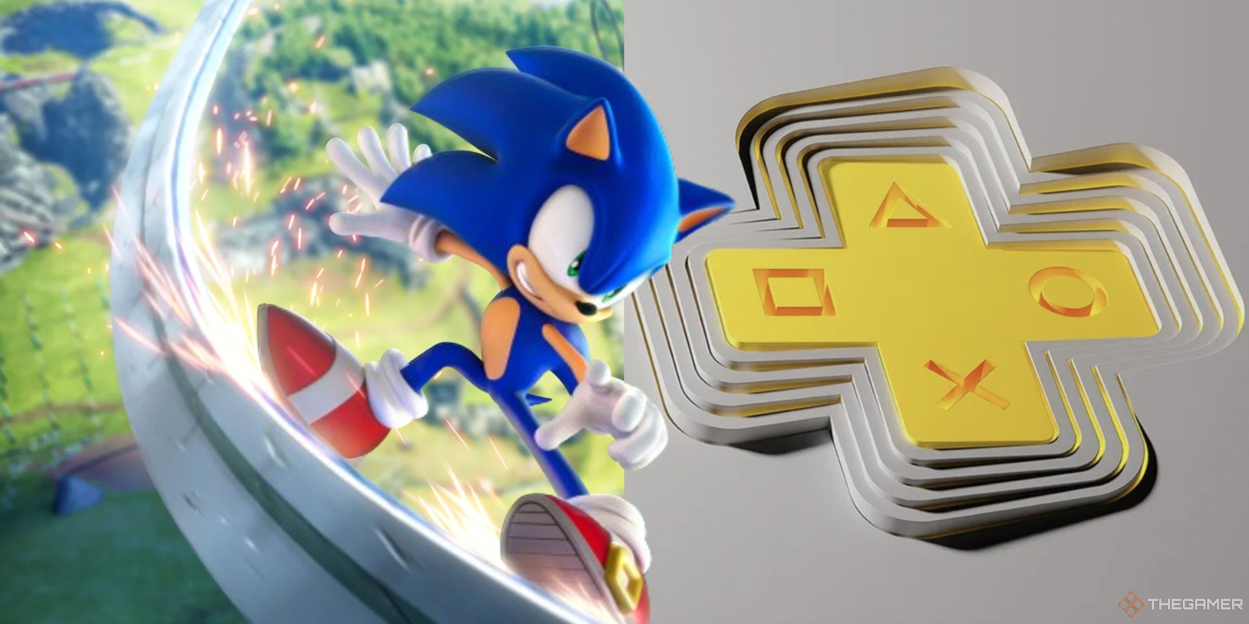 sonic grinding a rail in sonic frontiers into a ps plus logo.