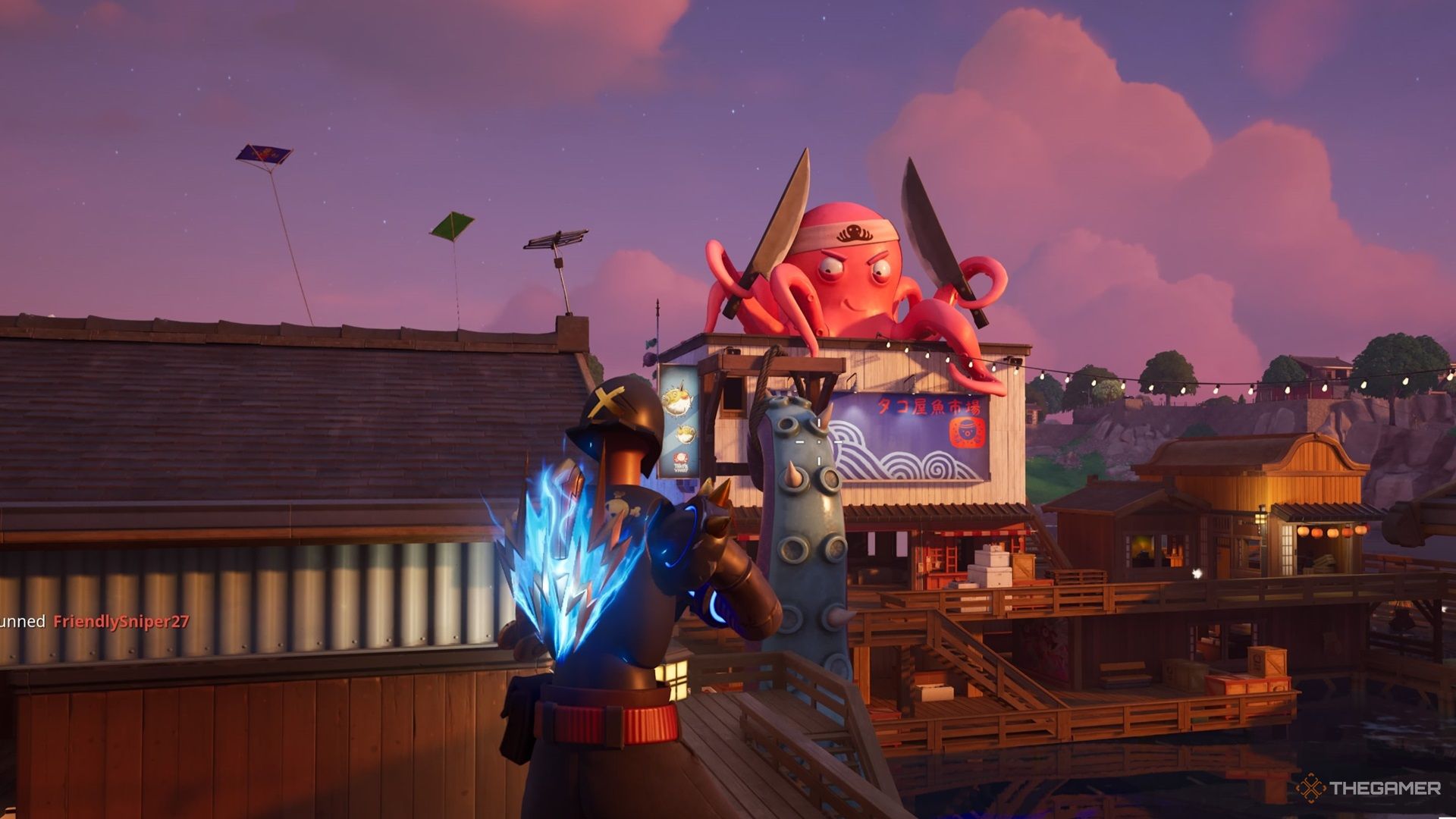 Big octopus mascot at Whiffy Wharf in Fortnite Chapter 6 Season 1.