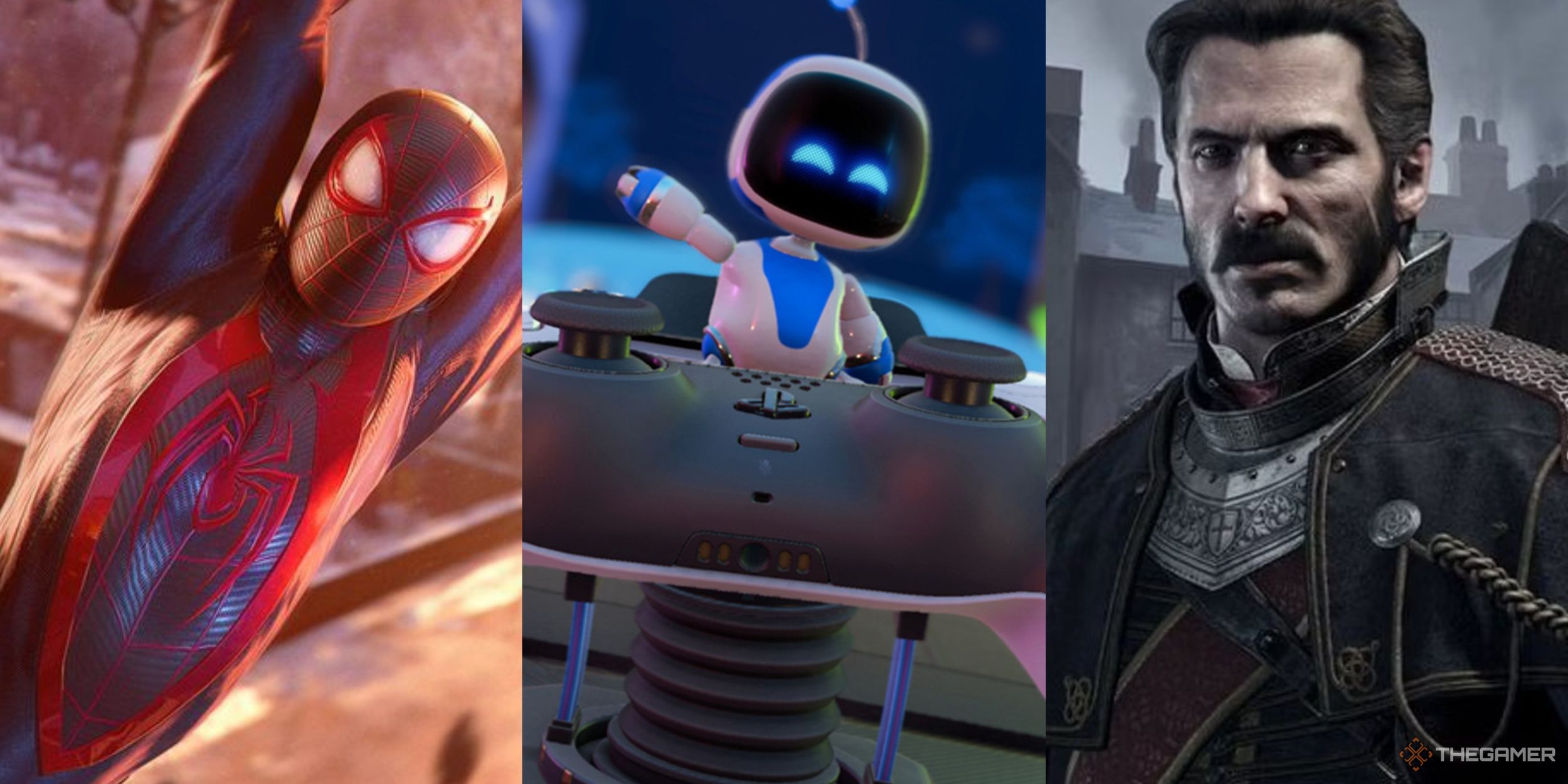 A collage of images showcasing Spider-Man: Miles Morales, Astro's Playroom, and The Order: 1886