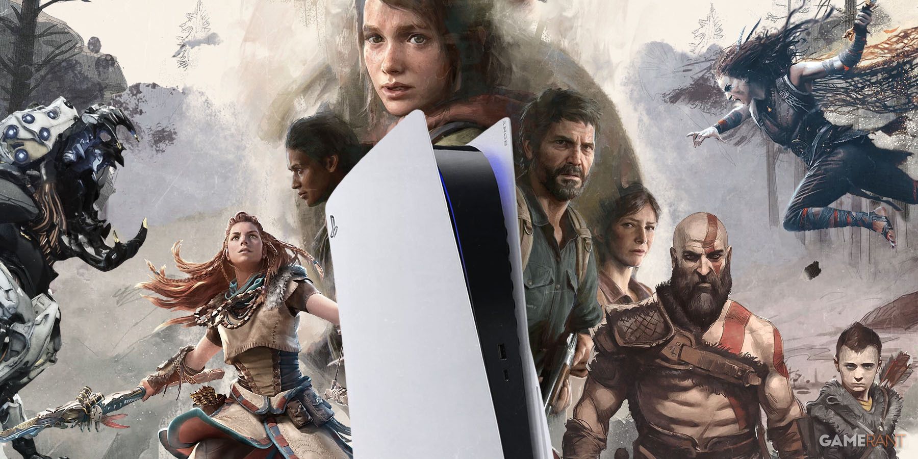 A PlayStation 5 surrounded by some of Sony’s best first-party video game characters