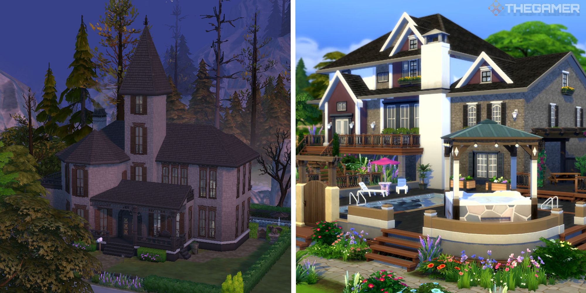 the sims 4 split image showing two houses