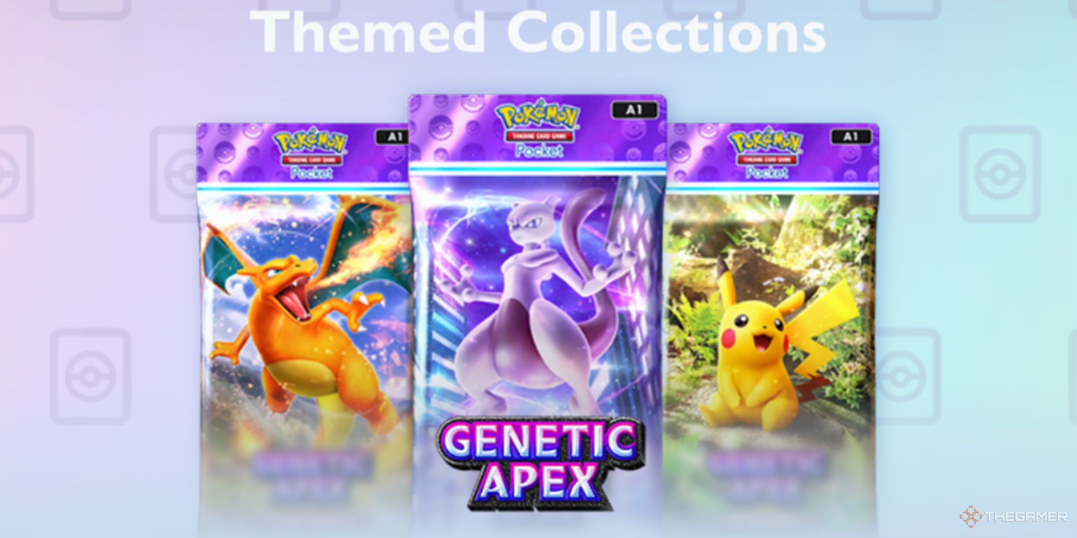 The Themed Collections for the Genetic Apex expansion, featuring the card packs of Charizard, Mewtwo, and Pikachu.