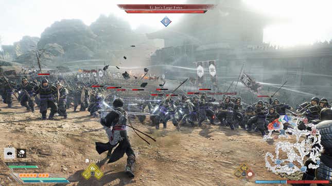 The protagonist uses a wind-based special move against an overwhelming onslaught of enemies.