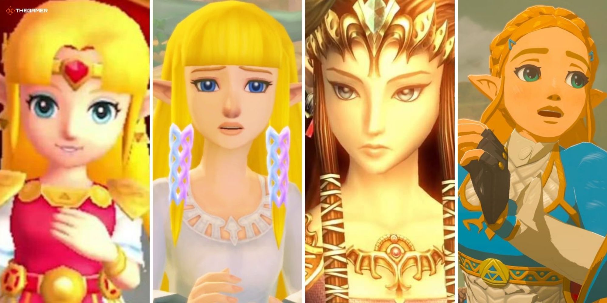 Zelda from (left to right) A Link to the Past, Skyward Sword, Twilight Princess, and Breath of the Wild.