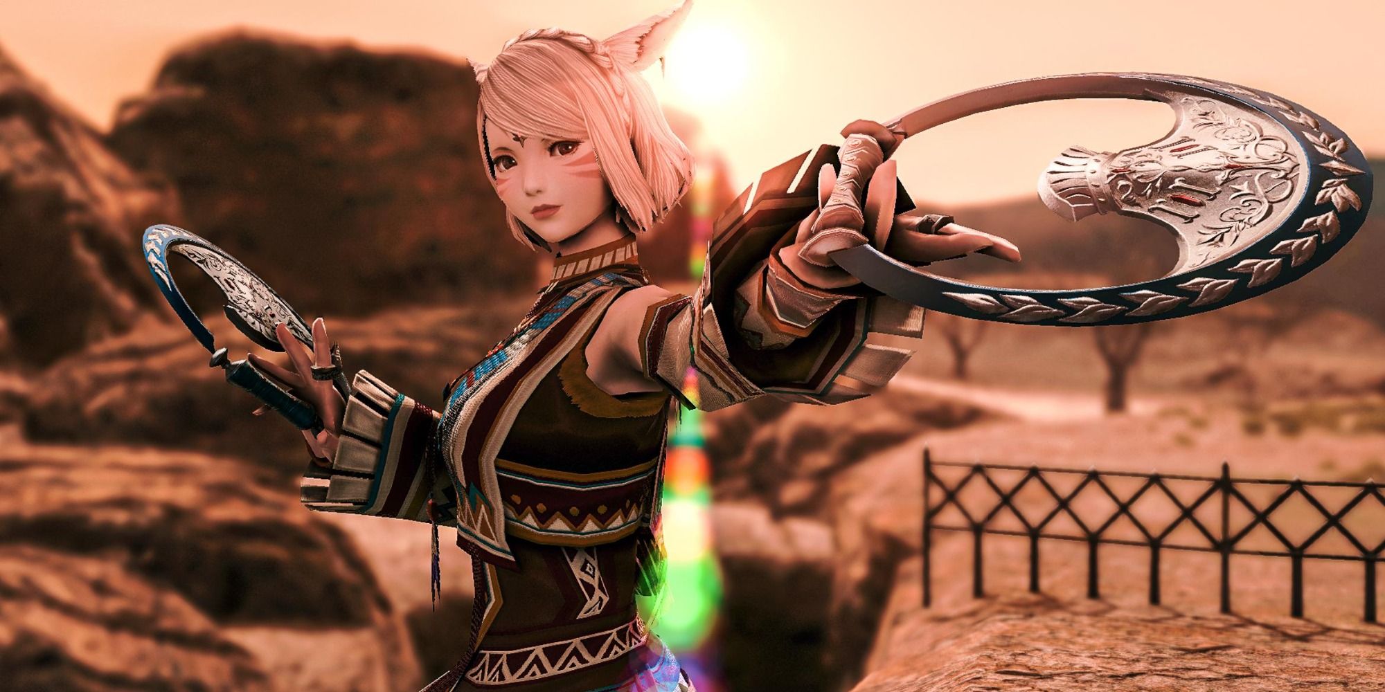 Miqote holding Dancer weapons in Final Fantasy 14.