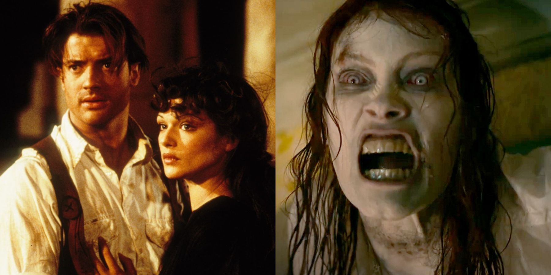 Split image of Brendan Fraser and Rachel Weisz in The Mummy and Alyssa Sutherland in Evil Dead Rise