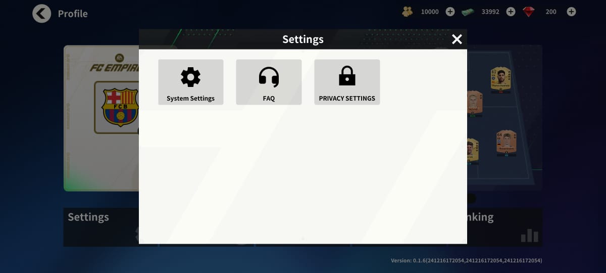 FC Empires settings menu