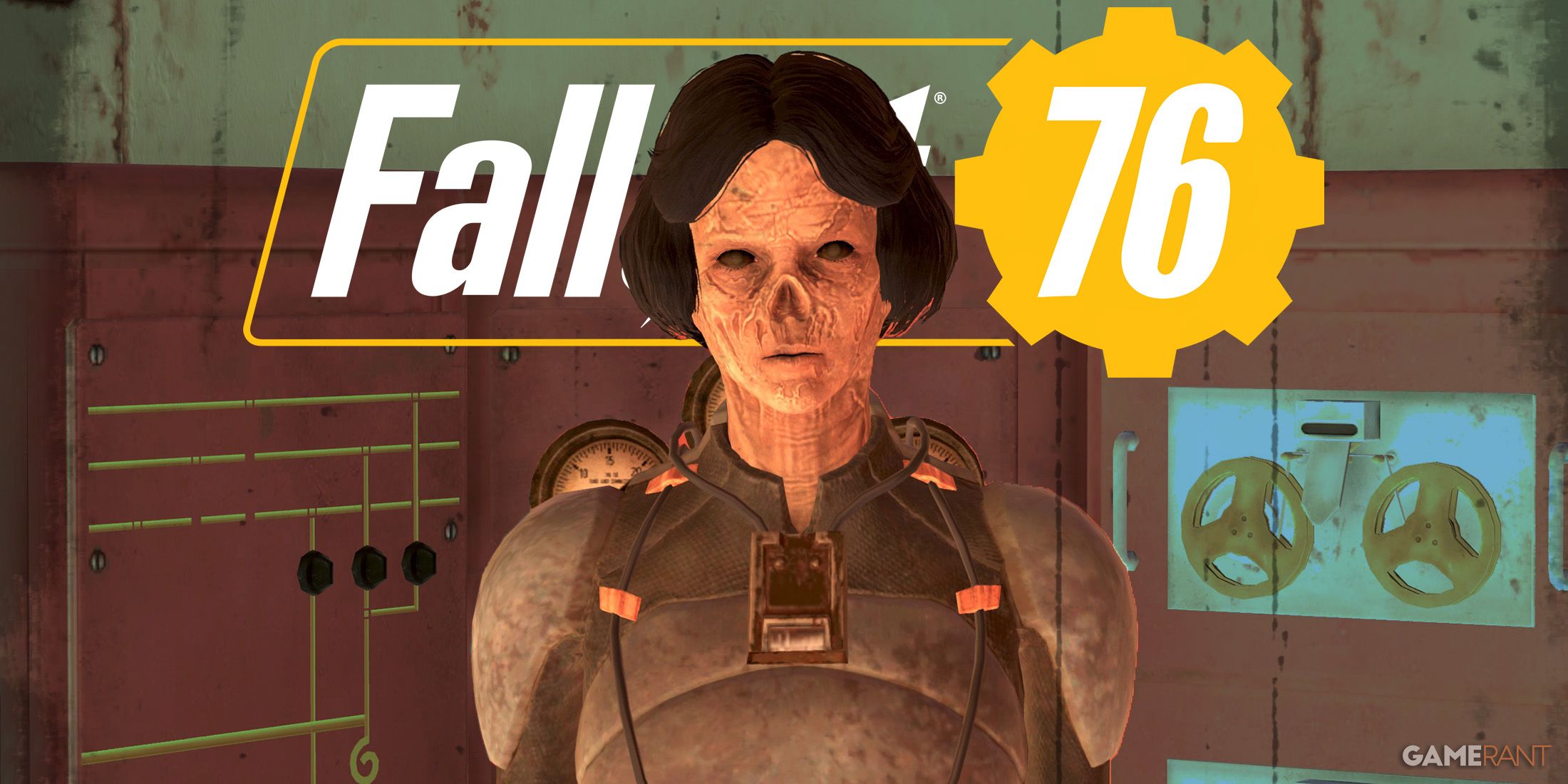 Fallout 76 logo behind ghoul in Chinese Stealth Armor