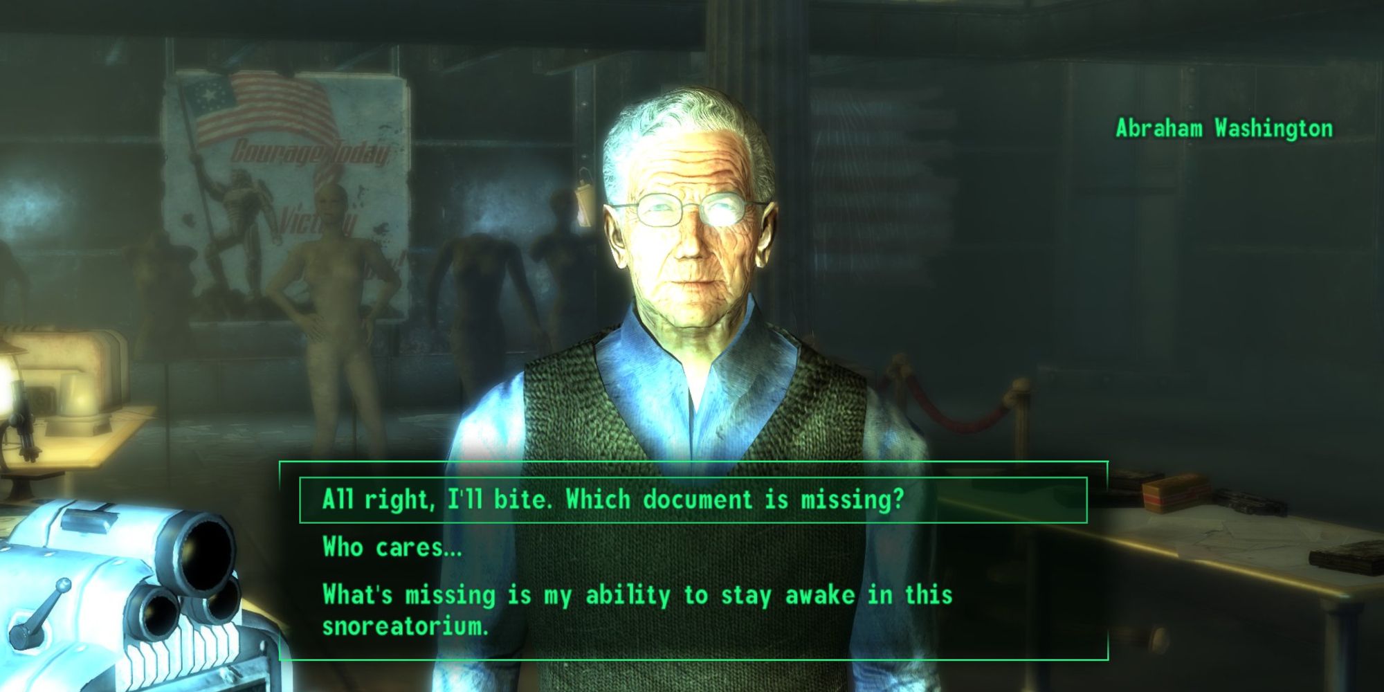 Image of a dialogue conversation with Abraham Washington in Fallout 3