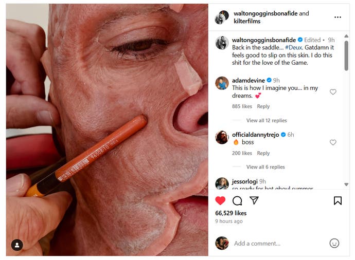 Walton Goggins' Instagram post showing his Ghoul prosthetics getting applied