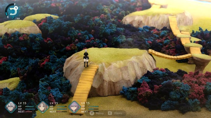 Fantasian screenshot showing character running through colourful verdant environment with wooden walkways