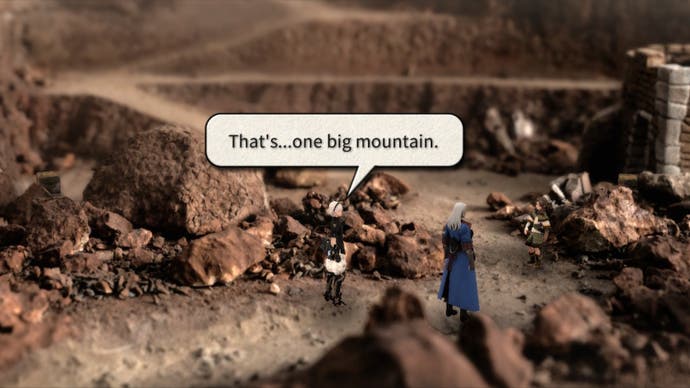 Fantasian screenshot showing rocky, mountainous landscape with two male characters and speech bubble "That's...one big mountain"