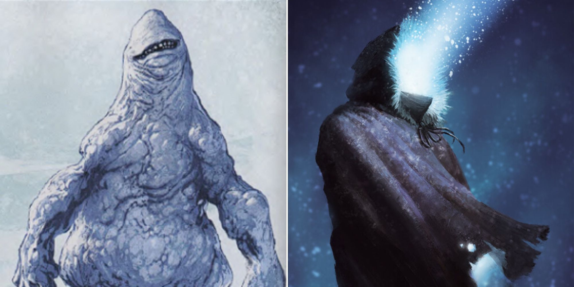 A Snow Golem with a sinister smile and a Coldlight walker shining light in the night in D&D.