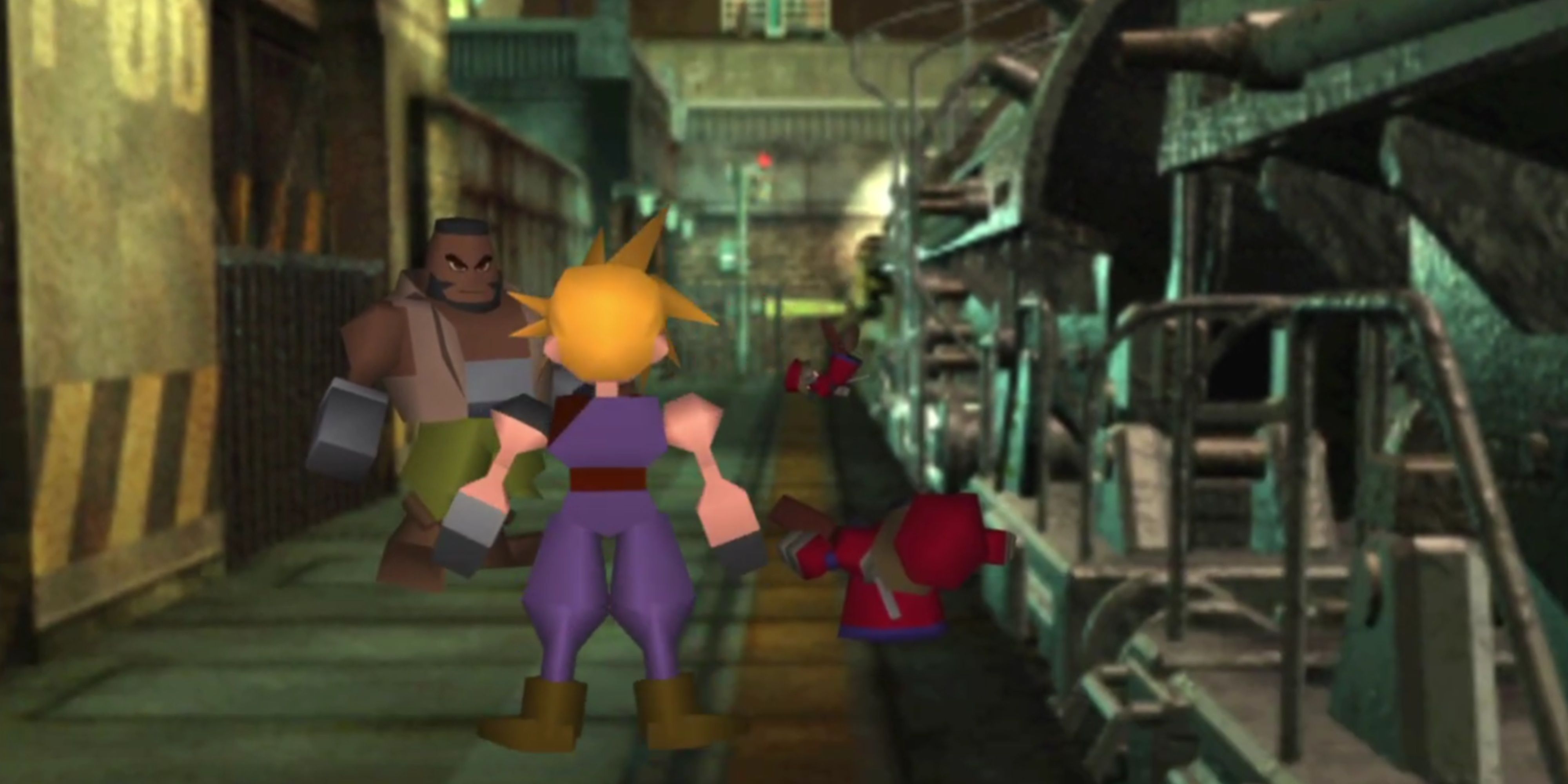 cloud and barrett standing next to a train in final fantasy 7