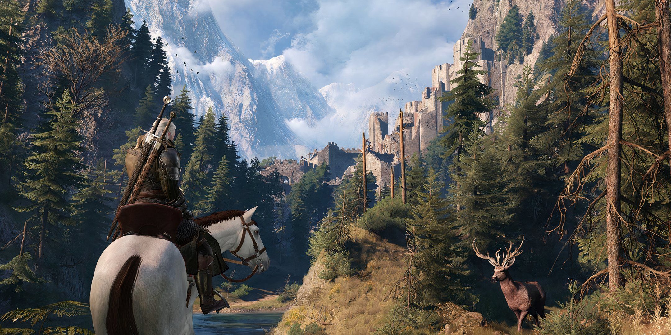 Geralt riding Roach near mountains and a castle in The Witcher 3.