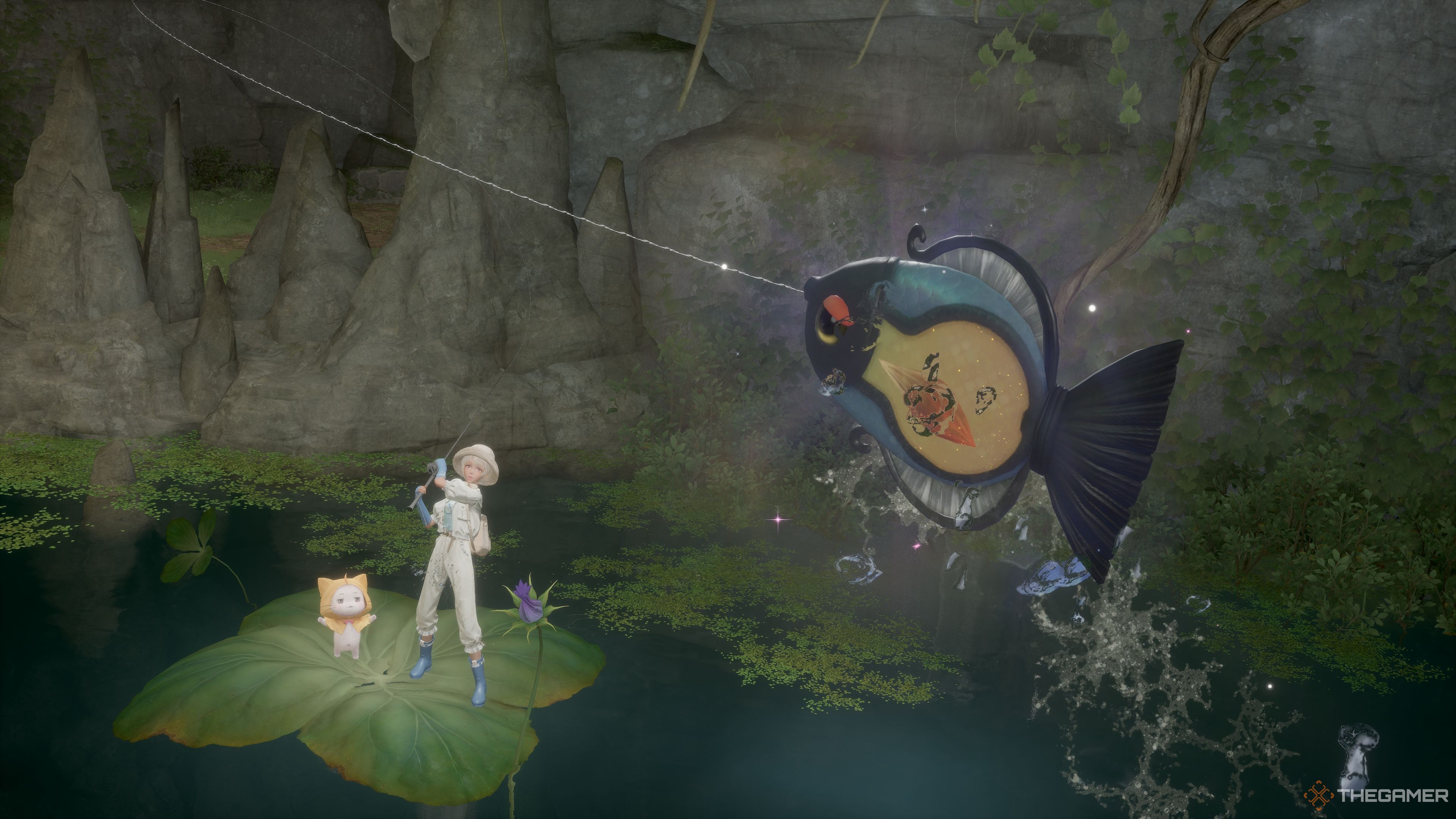 Nikki and Momo catching a Lamp Fish while in a cave in Infinity Nikki