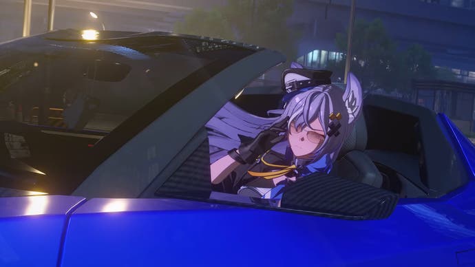 Ananta trailer screenshot showing lady with purple hair, cat ears and sunglasses driving a car