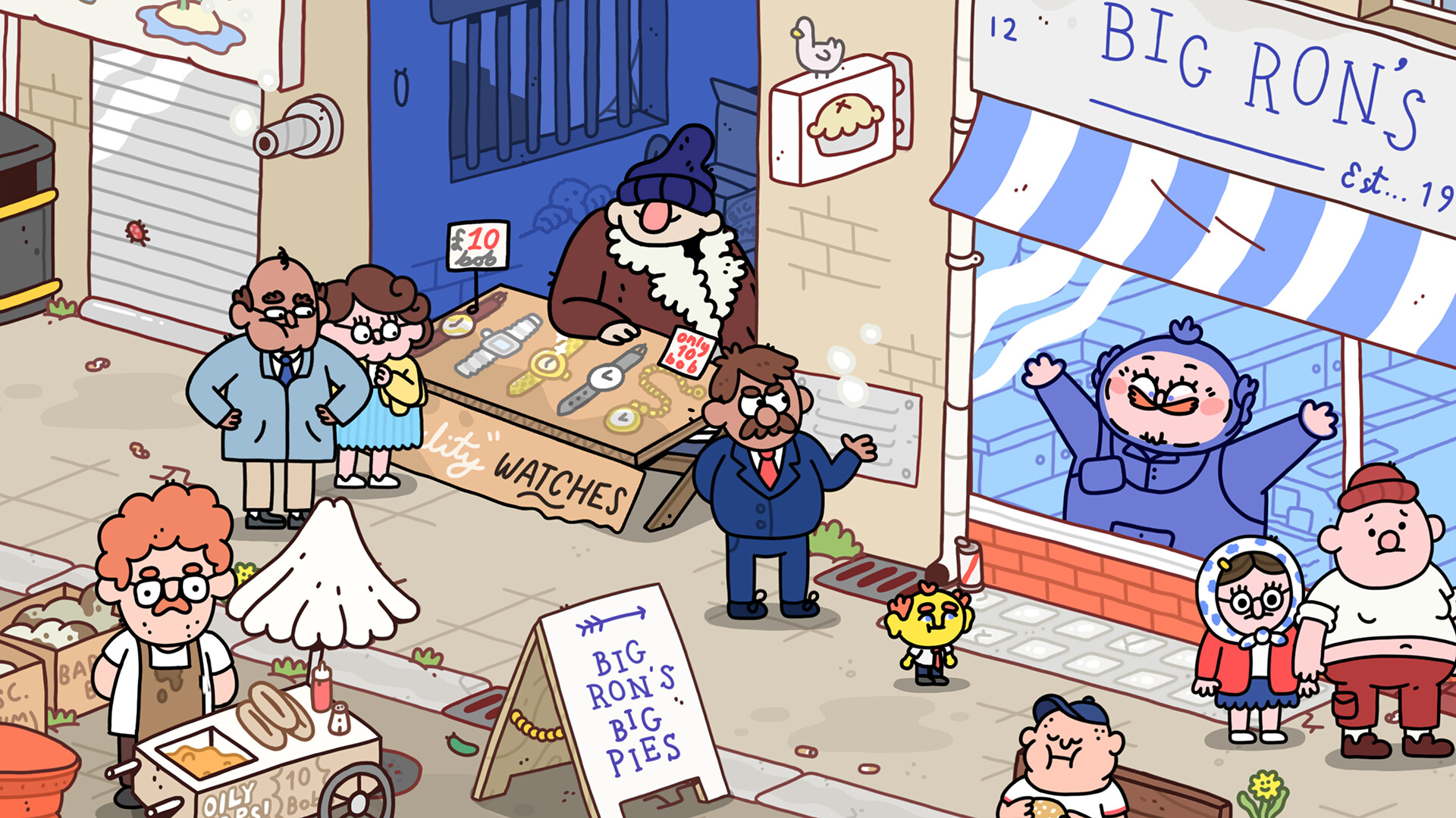 A chaotic market square in Thank Goodness You're Here