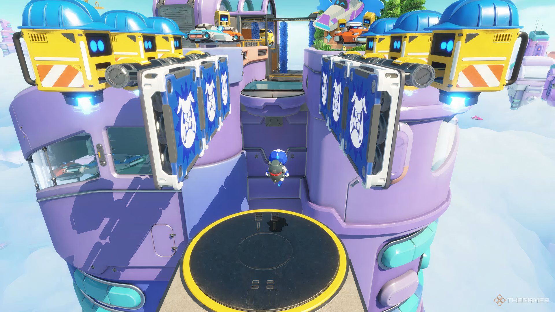 Astro Bot jumping to use Bulldog Dash on the multiple trampolines to get across the large gap.