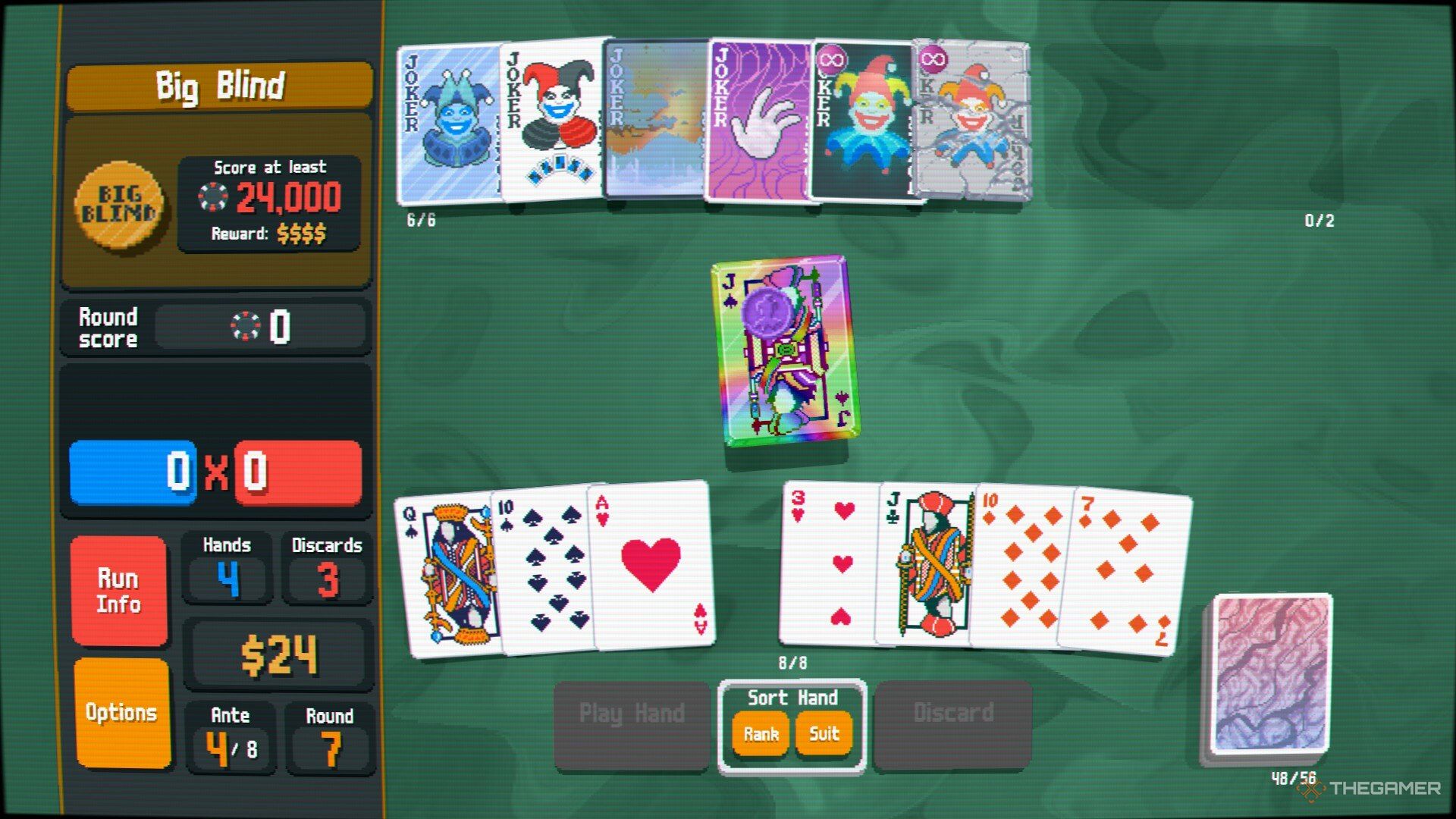 A game of Balatro with a polychrome golden joker card with purple seal being moved around