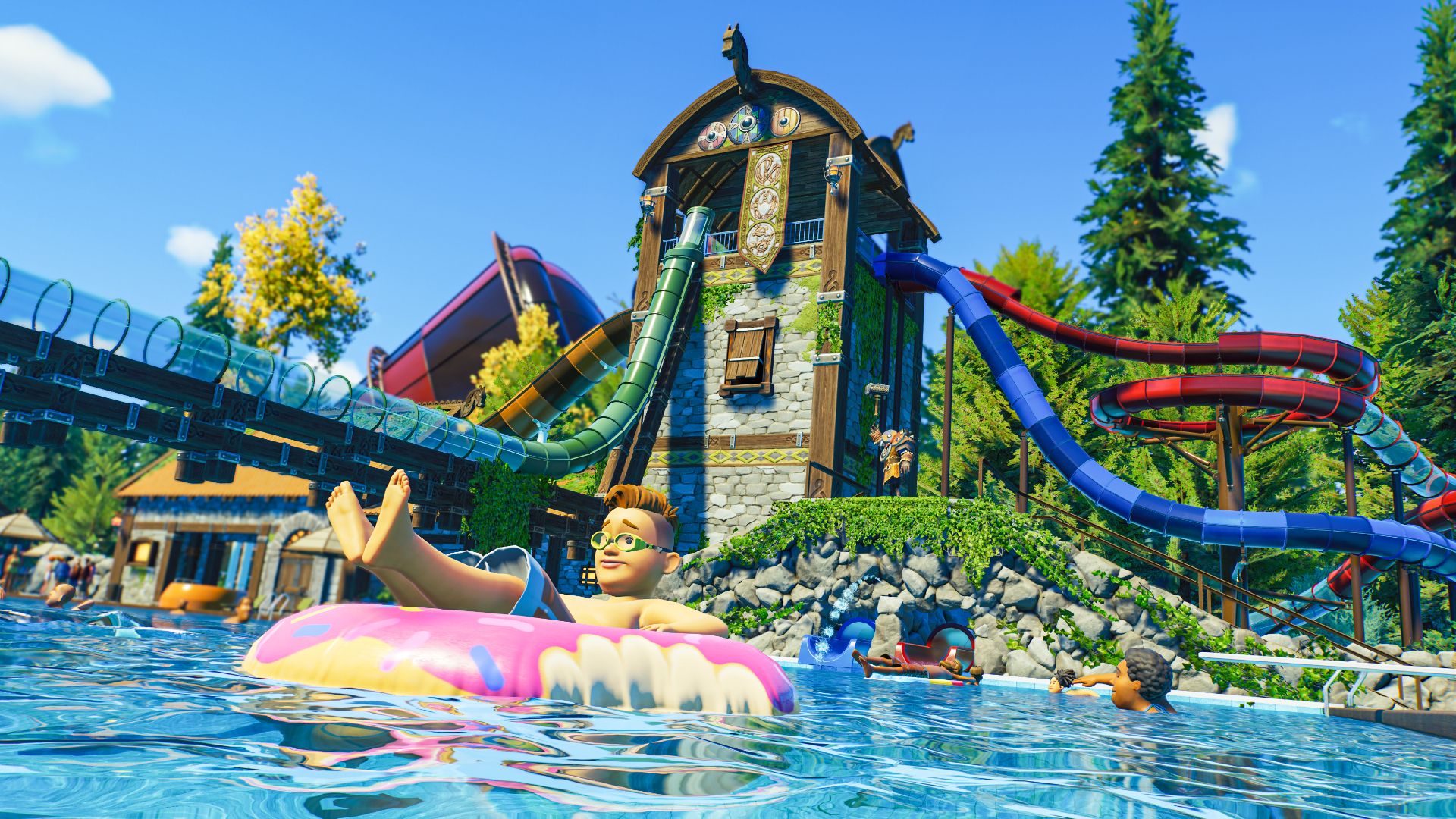 Planet Coaster 2 kid in a floating ring win a pool with a tower of slides behind him.