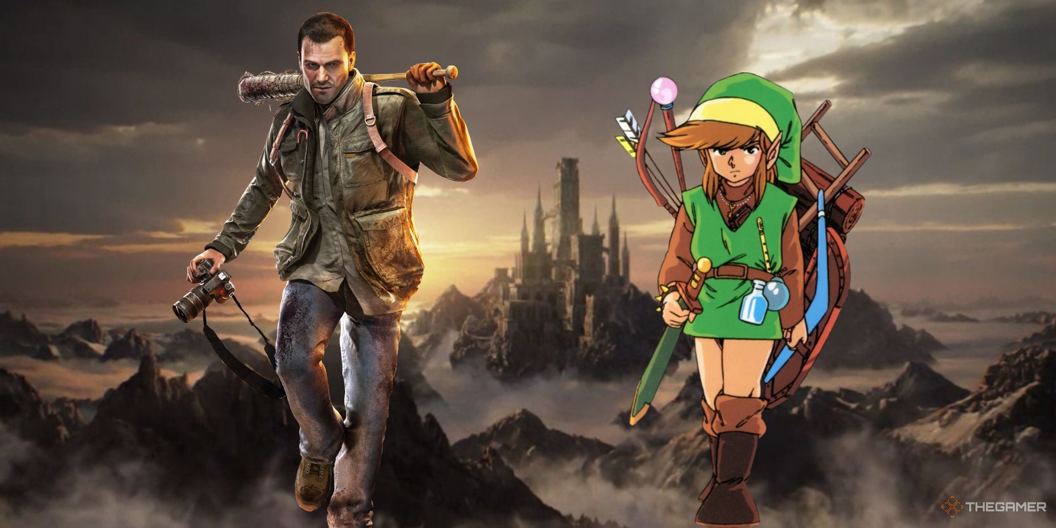 A collage of sequel characters such as Dead Rising 4's Frank West and Zelda 2's Link with Dark Souls 2 in the background.