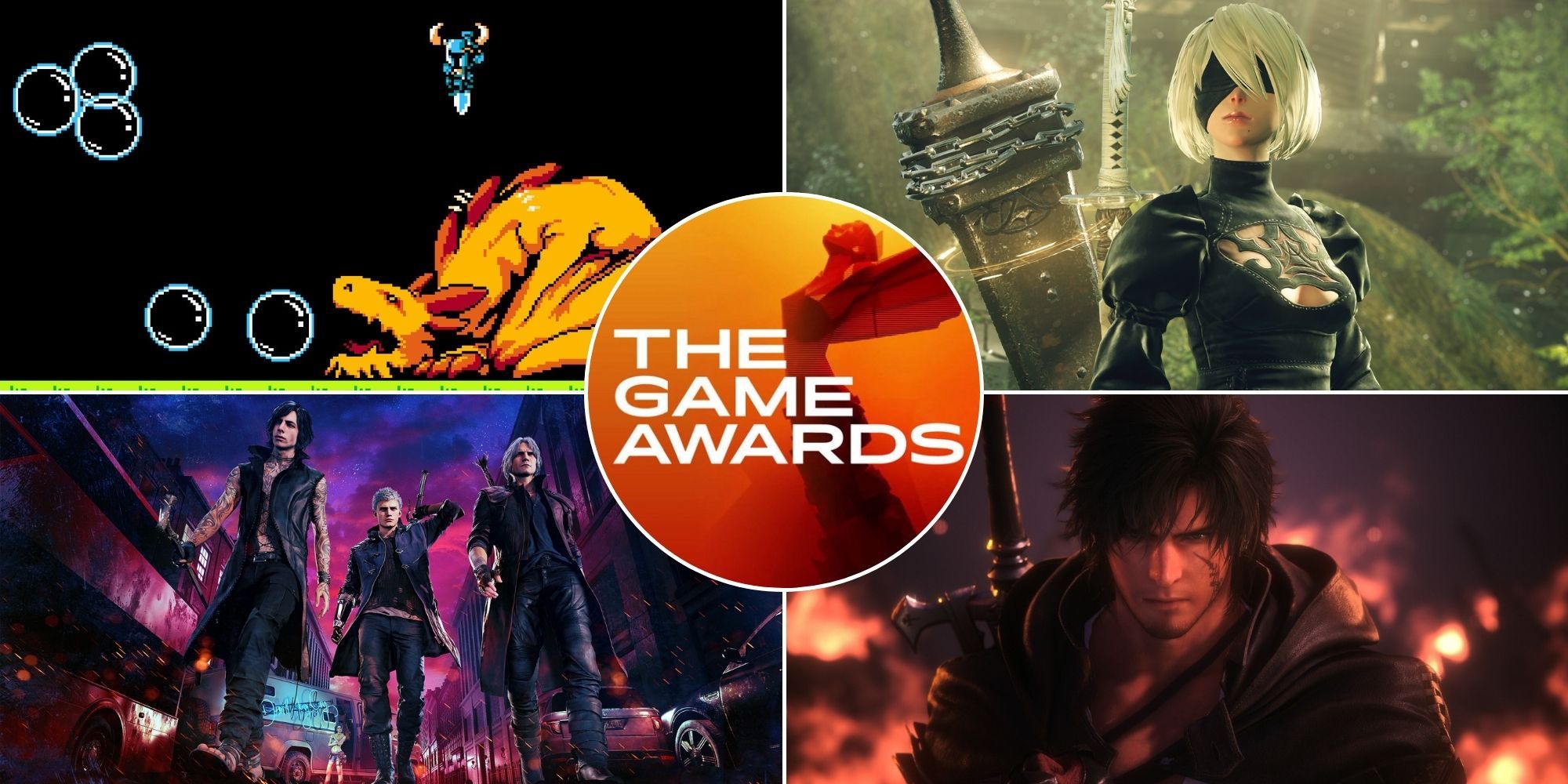 A collage of the Game Awards logo alongside 4 games that should have been nominated for GOTY: Shovel Knight, NieR: Automata, Devil May Cry 5 and Final Fantasy 16.