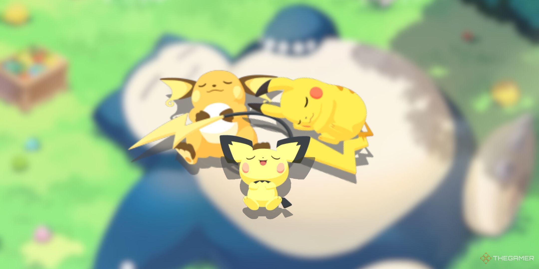 Pokemon Sleep Raichu, Pikachu, and Pichu alseep together on blurred background