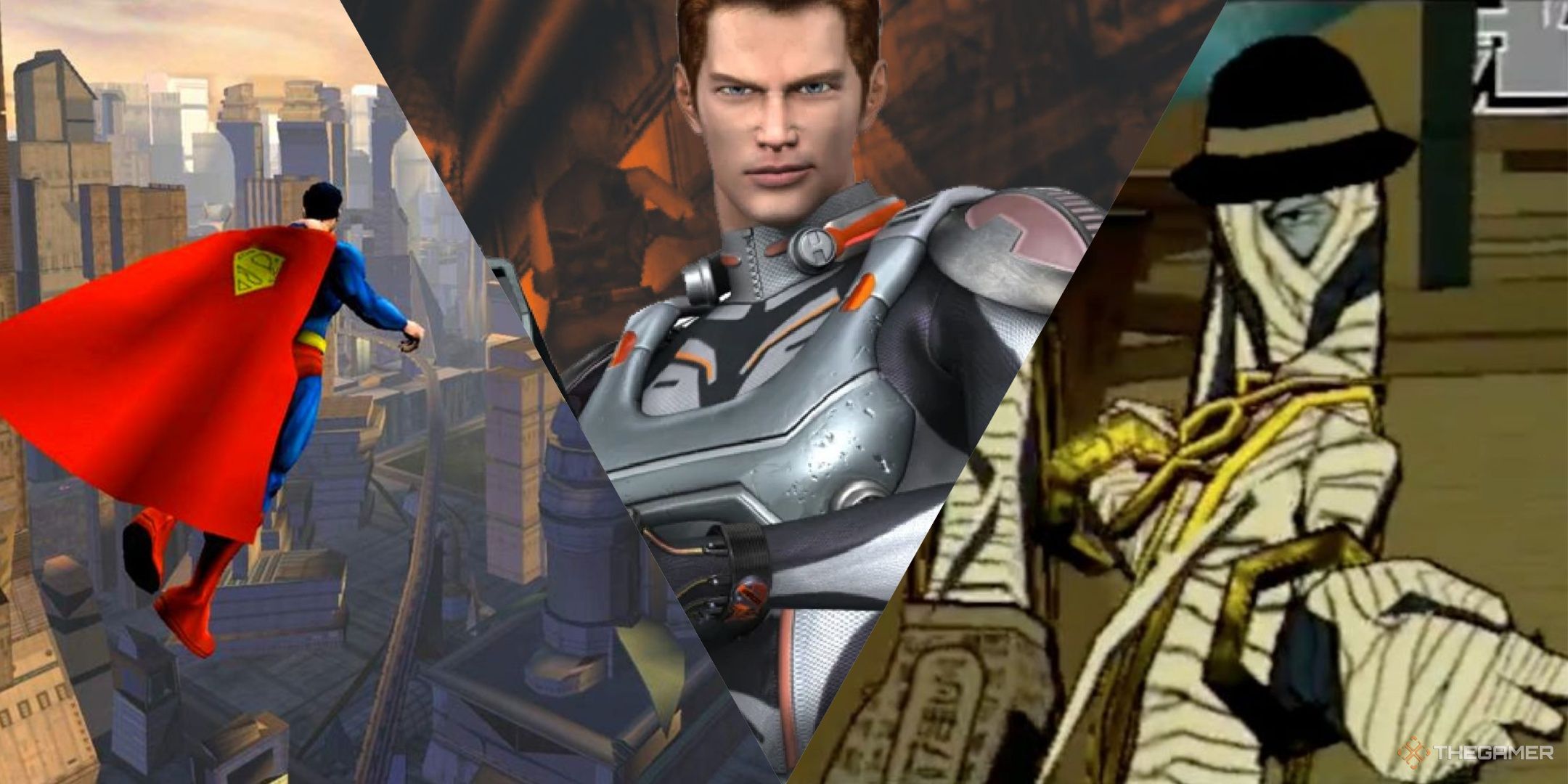 Superman flying in man of steel, the protagonist patrick from dino crisis 3, and the immortals from jet set radio future, left to right.