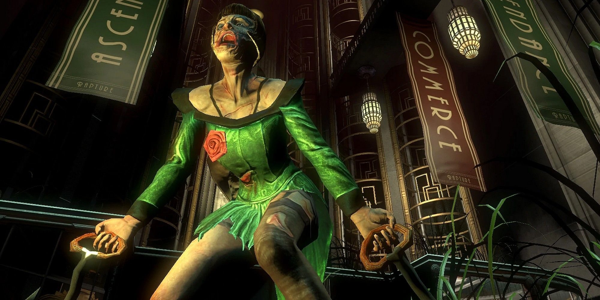 A Spider Splicer on the ground with her hooks in BioShock.