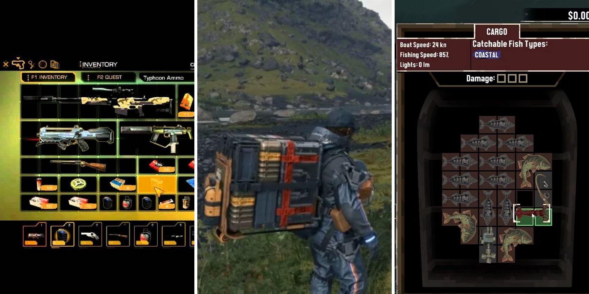 A grid showing the three games Deus Ex: Human Revolution, Death Stranding, and Dredge that all have interesting inventory management