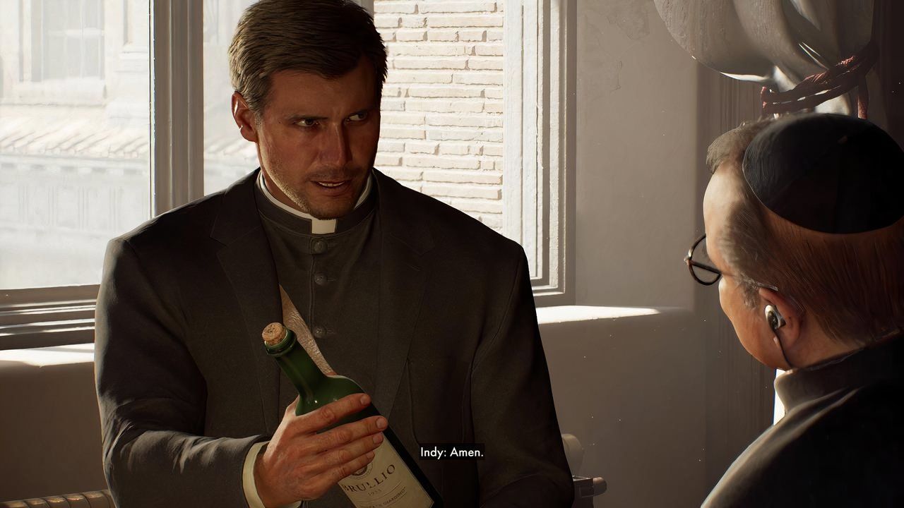 Indiana Jones dressed as a priest holding a bottle. 