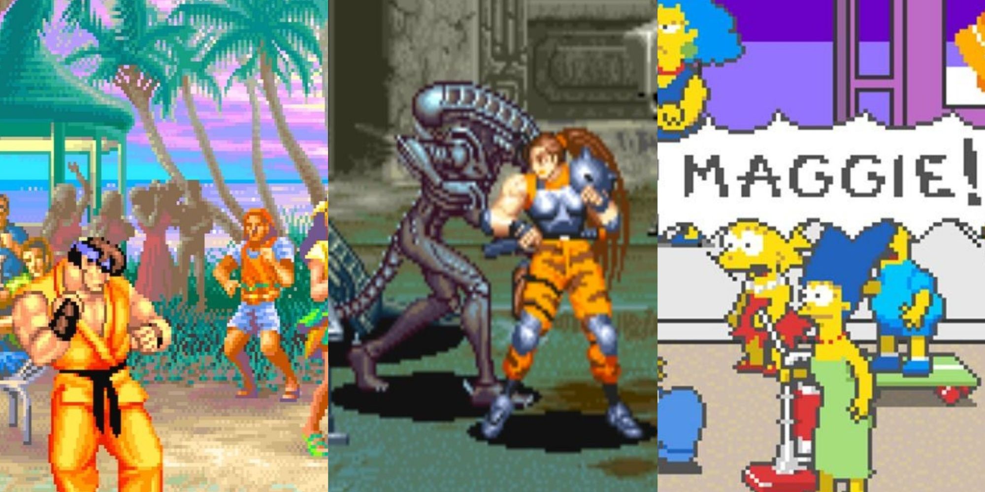 Split images of Super Street Fighter 2 Turbo, Alien Vs. Predator, and The Simpsons arcade games.