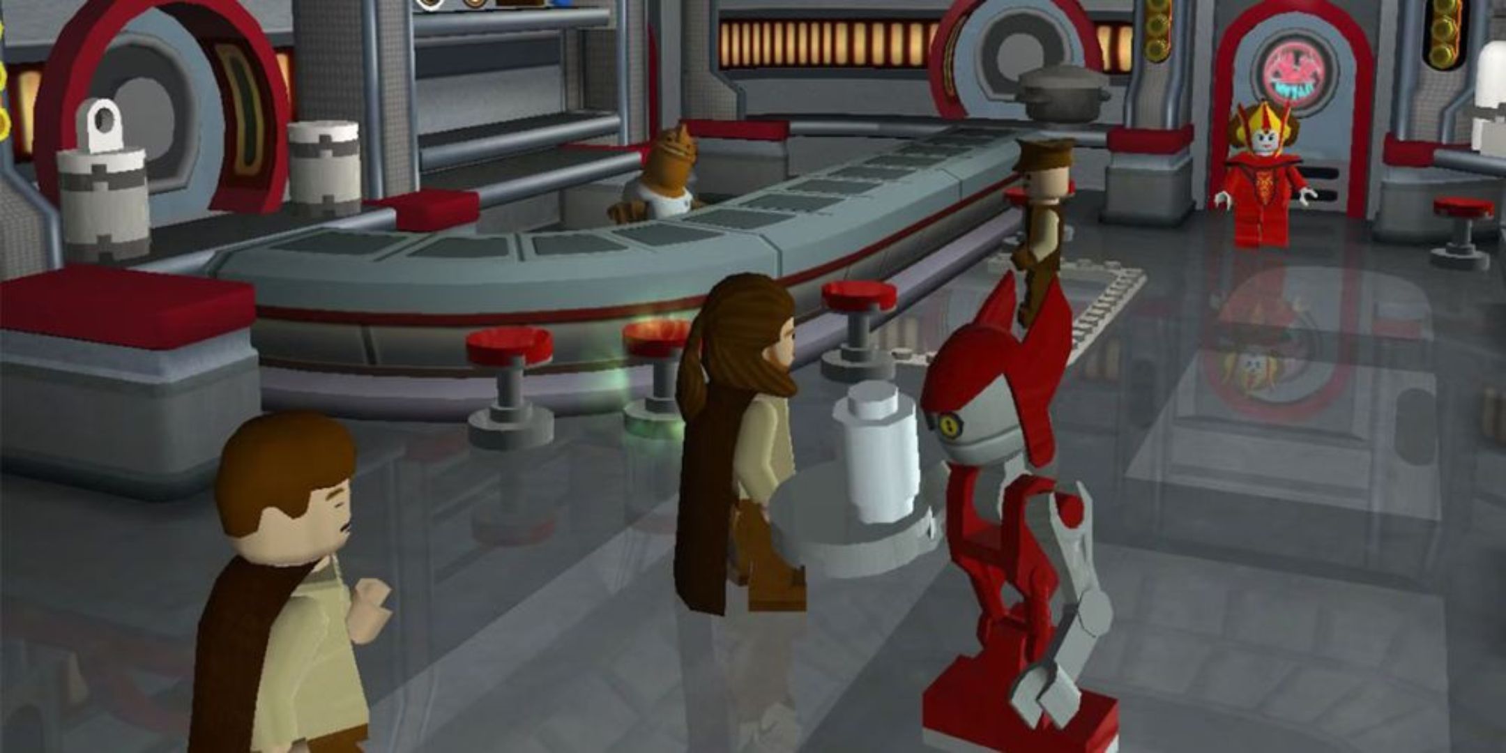 Lego Star Wars The Video Game screenshot of Obi-Wan Kenobi and Qui-Gon Jinn with various others at diner.