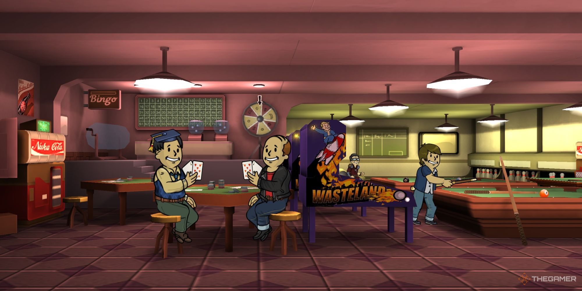 Fallout Shelter Four vault dwellers using the games room to increase luck, two are playing cards and others are playing pool.