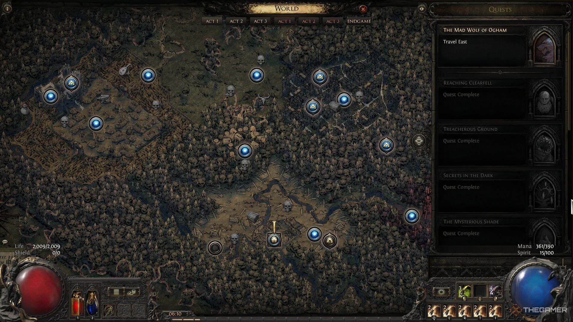 The world map for Act-1 of Path of Exile 2 with all the completed quests including the Mad Wolf of Ogham.