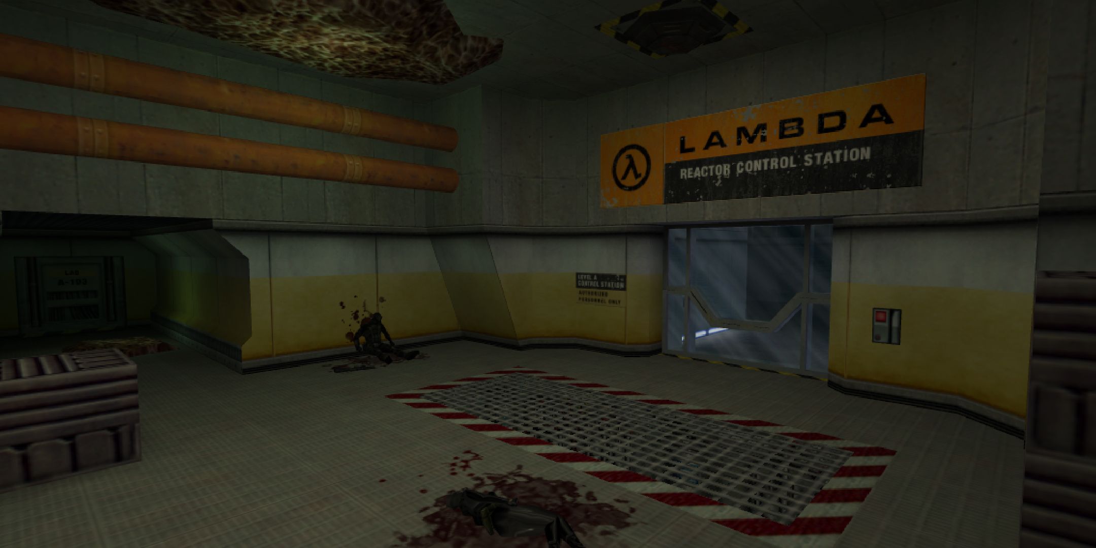 Half-Life Dark Matter screenshot of dead assassins in the Lambda Research Control Station.