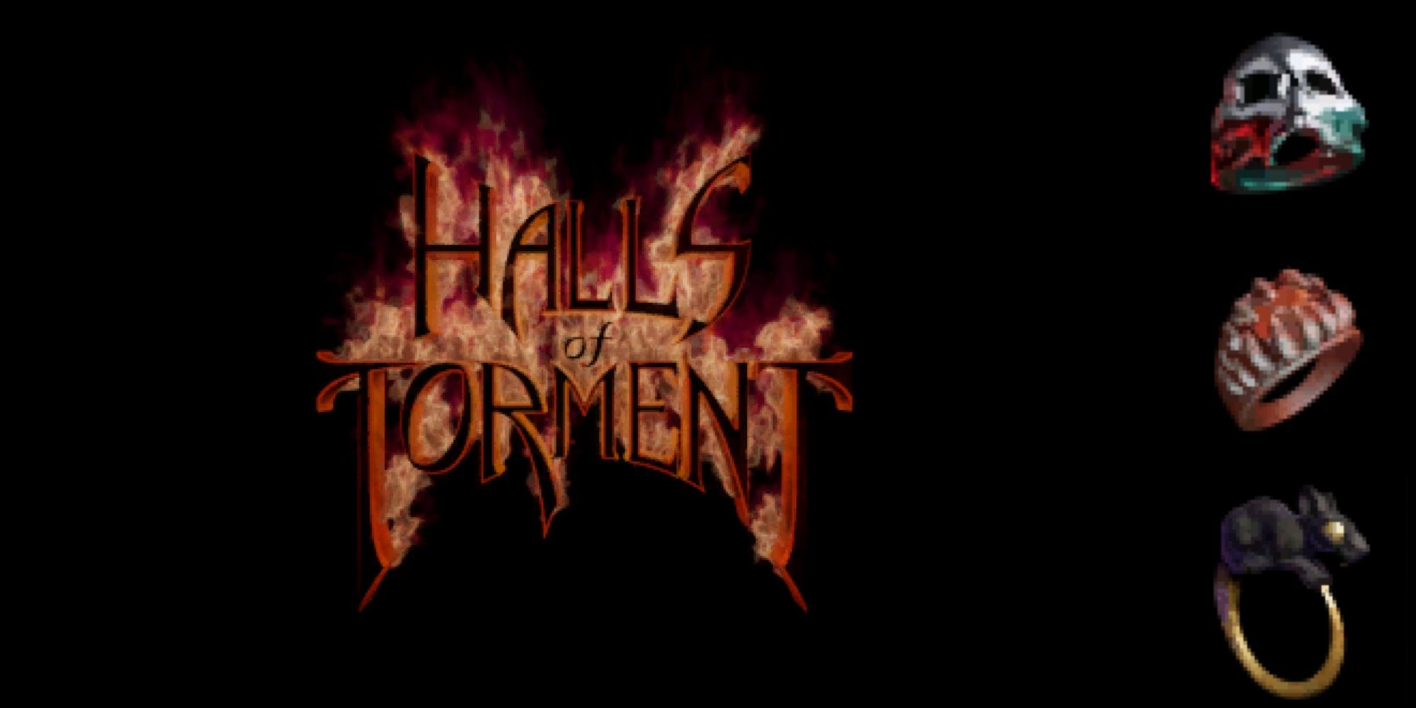 The Halls of Torment title page next to some of the game's rings.