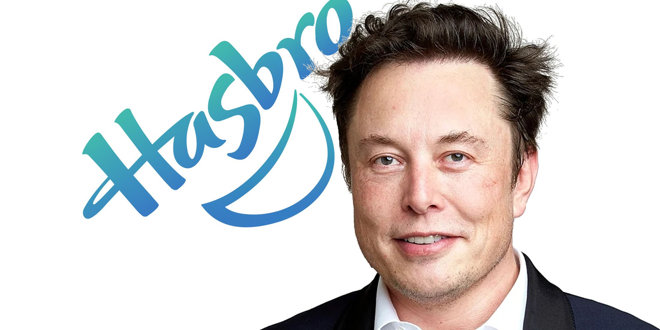 Elon Musk portrait next to tilted Hasbro logo on white background