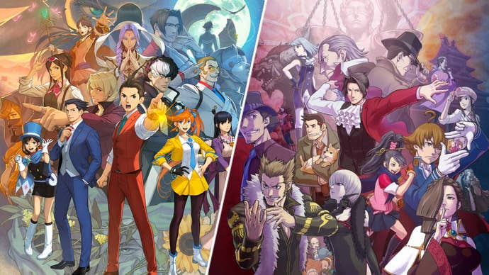 Cover artworks for the Apollo Justice Ace Attorney Trilogy and the Ace Attorney Investigations Collection, showcasing just how many characters showed up in 2024.