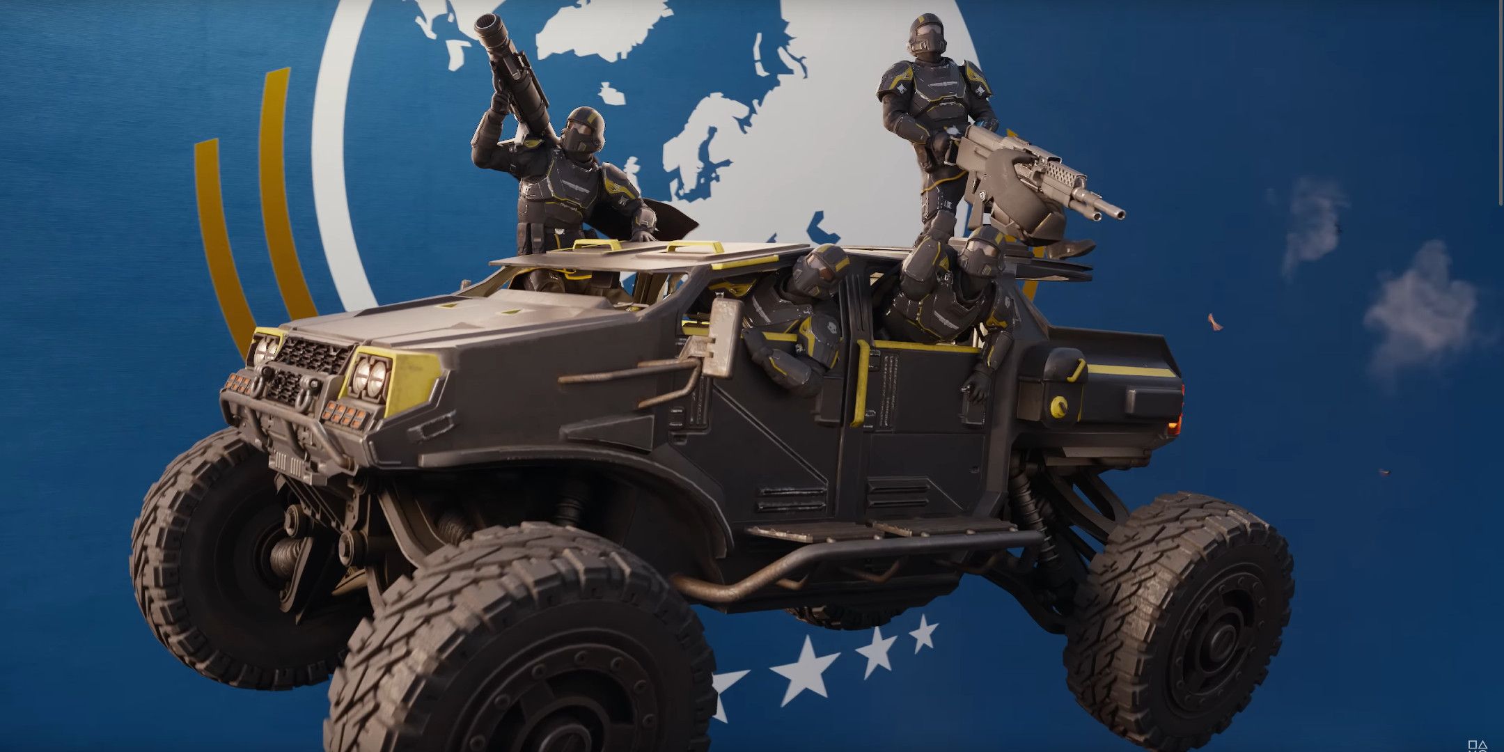 Four soldier hanging out of a buggy with a Super Earth flag backdrop