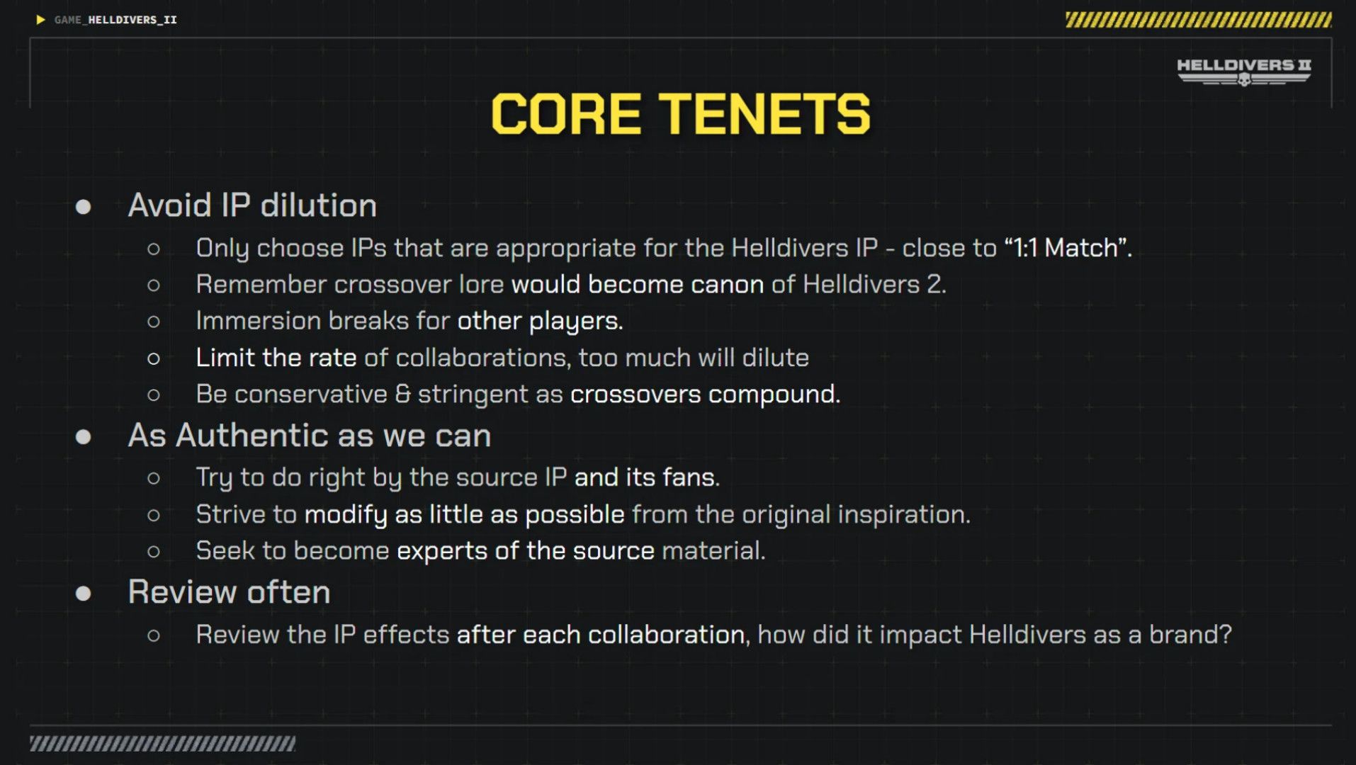 A list of _Core Tenets_ on crossovers in Helldivers 2