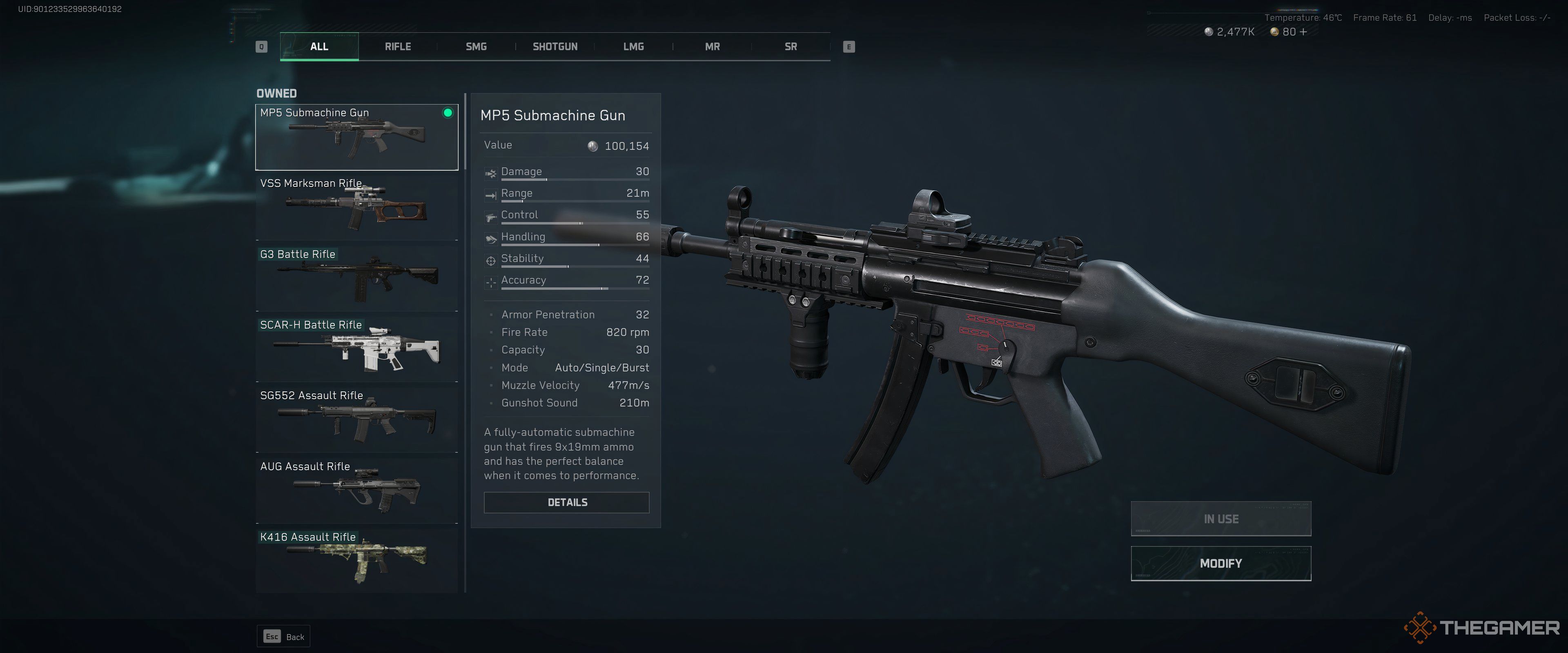 The MP5 stat screen in Delta Force.