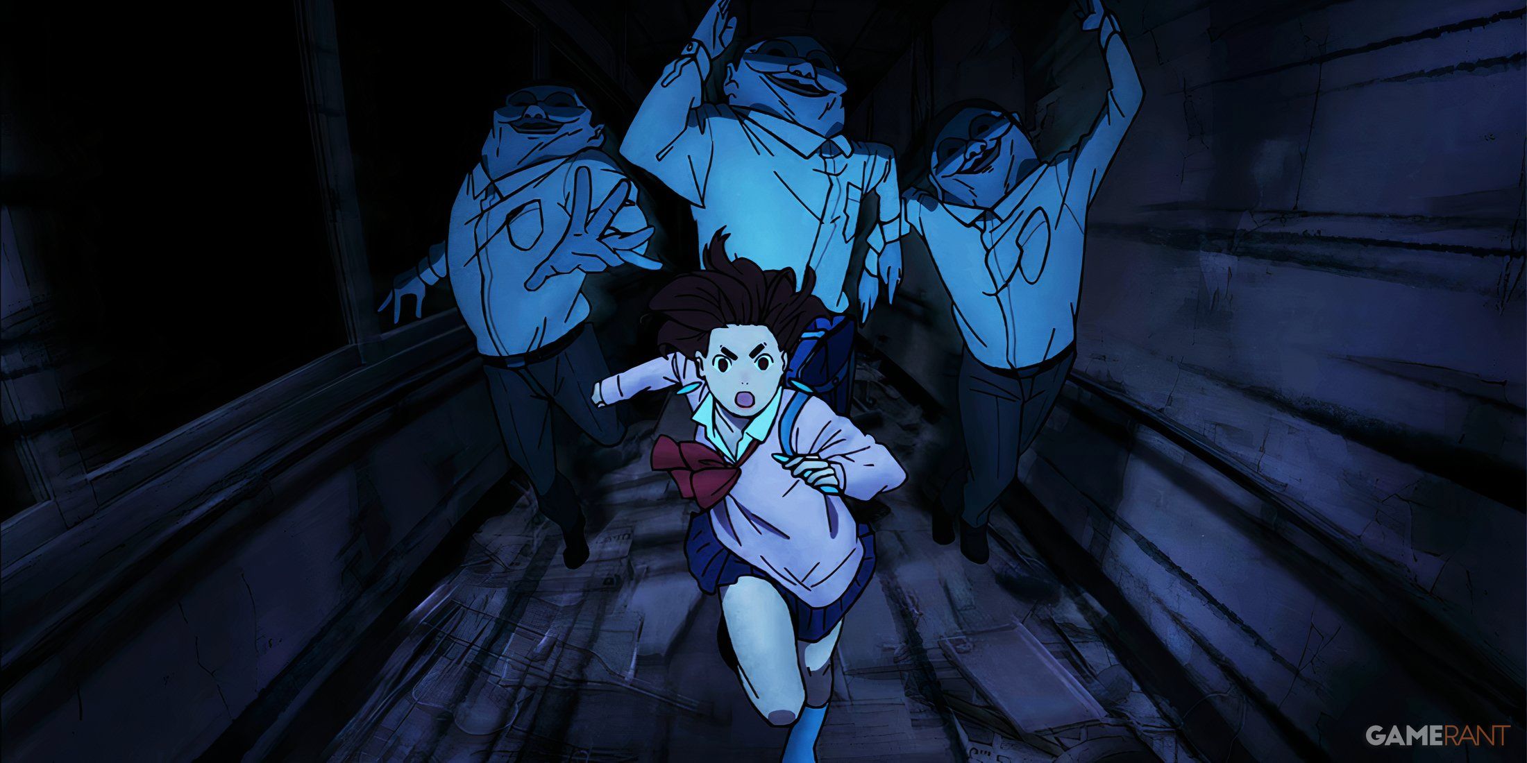 Momo runs away from a trio of Serpo aliens inside an abandoned building in Dandadan.